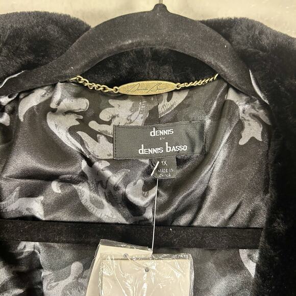 Dennis Basso Faux Fur Hooded Coat NWT Black 1X Zip Front Knee Length - Picture 5 of 7